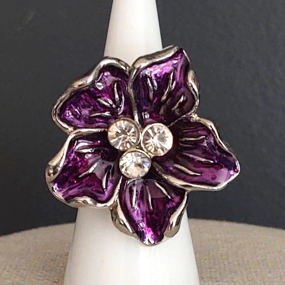 Purple enamel & silver flower ring with cz accents